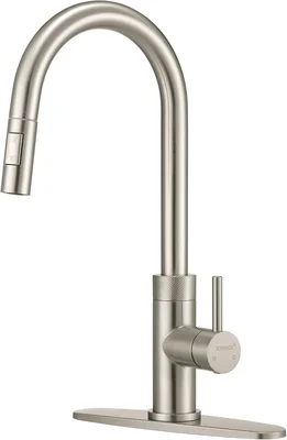 Modern Single Handle High Arc Brushed Nickel Kitchen Faucet with Pull 