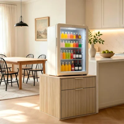 Light Oak Wood Mini Fridge Stand with Storage Cabinet and Two Drawers 