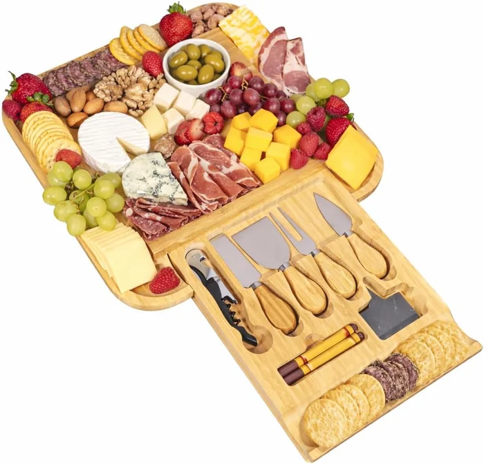 Bamboo Charcuterie Board Gift Set with Storage Drawer Knives Slate Lab