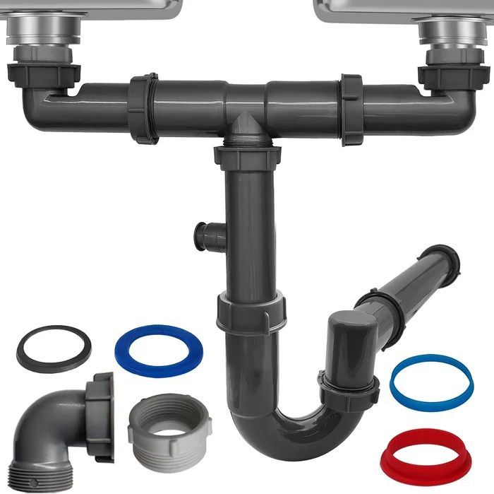 1-1/2 Inch Double Sink Drain Pipe Kit with P-Trap and Wall Outlet for 
