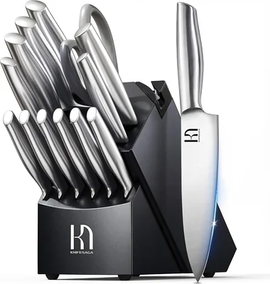 KnifeSaga 14-Piece Premium Razor Sharp Japanese Steel Knife Block Set