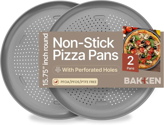 Bakken 16 Inch Non-Stick Pizza Pan 2 Pack Silver Round Carbon Steel Tr