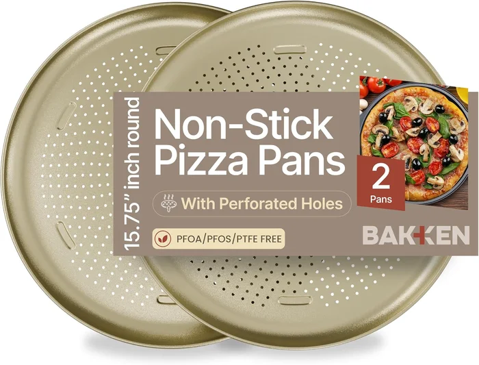Bakken 16 Inch Non-Stick Pizza Pan 2 Pack Gold Round Carbon Steel Tray