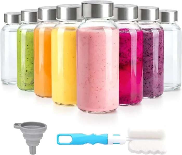 Zukro 8 oz Small Glass Juice Bottles with Stainless Steel Lids Leak Pr