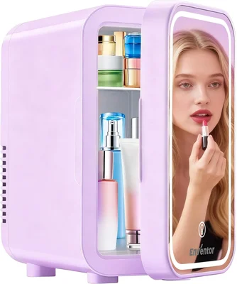 Enventor Mini Fridge with Dimmable LED Mirror 6L 8Can AC/DC Power in P