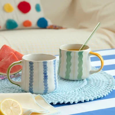 Striped Ceramic Coffee Mug Set of 2 (16oz) - Handmade Look Tea Cups wi