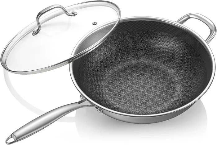 12.5-Inch Hybrid Stainless Steel Wok Pan with Lid Laser-Textured Nonst