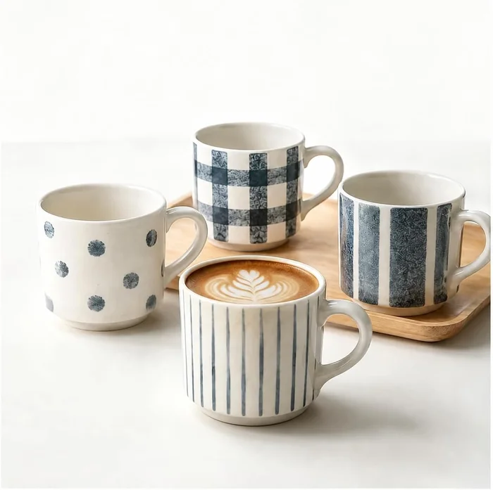 Pilnocok Ceramic Coffee Mugs Set of 4, 10 oz Blue and White Pattern Cu