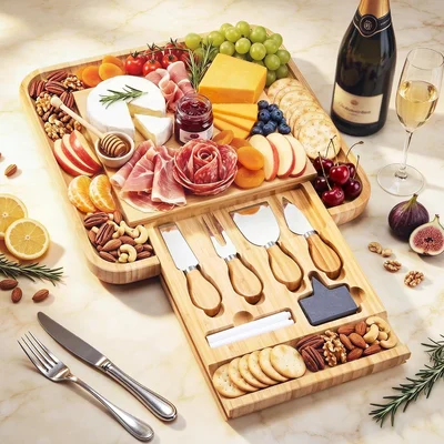 Bamboo Charcuterie Board Set 13 Inch Cheese Board with Knives Sauce Bo