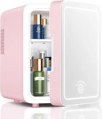 CUTIEWORLD 4L Mini Skincare Fridge with Dimmable LED Light Mirror for 