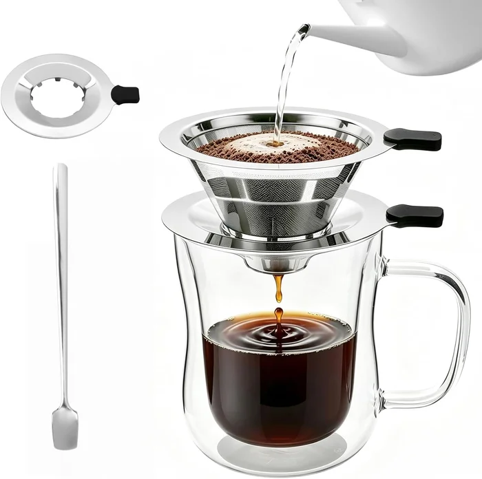 2-in-1 Immersion and Drip Pour Over Coffee Maker with Cup Stainless St