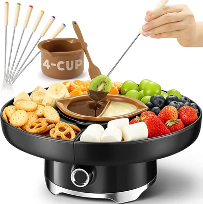 LUSHYUM Electric Chocolate Fondue Pot Set 4-Cup with Rotating Tray for