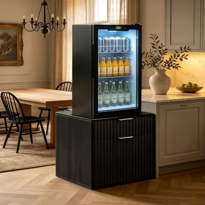 Fluted Wood Mini Fridge Stand with Storage and 2 Drawers for College D