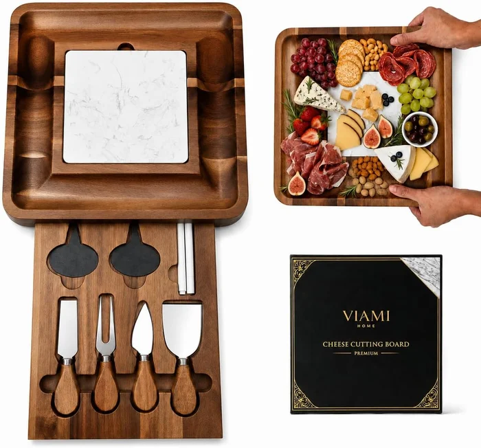 Premium Acacia Cheese Board Set with Marble Style Slate for Elegant Se