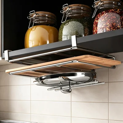 Under Cabinet Cutting Board Organizer Stainless Steel 2 in 1 Pot Lid a