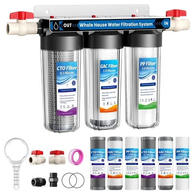 3-Stage Whole House Water Filter System with 9 Filters and 0.5 Micron 