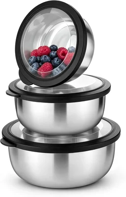 P&P CHEF Mixing Bowls with Lids Set of 3 Black Stainless Steel Salad B