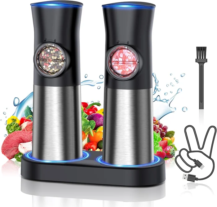 Stainless Steel Gravity Electric Salt and Pepper Grinder Set USB Recha