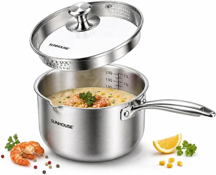 Sunhouse 3QT Stainless Steel Saucepan with Pour Spout and Strainer Gla