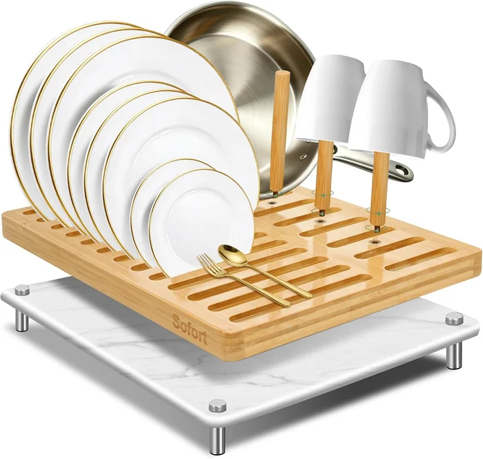 Sofort Bamboo Dish Drying Rack with Absorbent Stone Dish Drying Mat