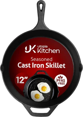 Utopia Kitchen 12 Inch Pre-Seasoned Cast Iron Skillet PFAS-Free Black 