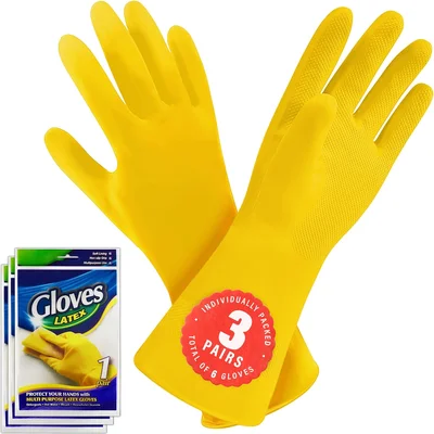 SteadMax 3 Pairs Reusable Natural Rubber Non-Slip Dish Gloves for Kitc