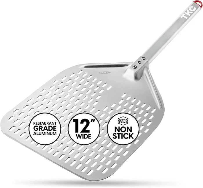 TKC Perforated Pizza Peel 12 Inch Long Handle Aluminum Paddle Lightwei