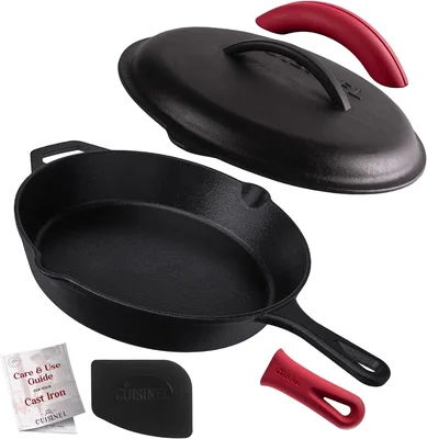 Cuisinel 12-Inch Pre-Seasoned Cast Iron Skillet with Lid and Silicone 