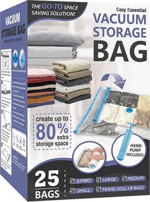 Vacuum Storage Bags with Hand Pump, Vacuum Seal Space Saver Bags,25 Co