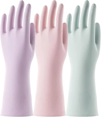COOLJOB 3 Pairs Colorful Household Rubber Gloves with Non-Slip Grip fo