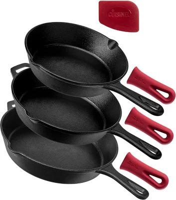Cuisinel 8 10 12 Inch Pre-Seasoned Cast Iron Skillet Set with Silicone