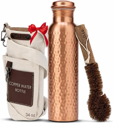 CLEO HOME 100% Pure Copper Water Bottle for Drinking, 34 Oz Hammered A