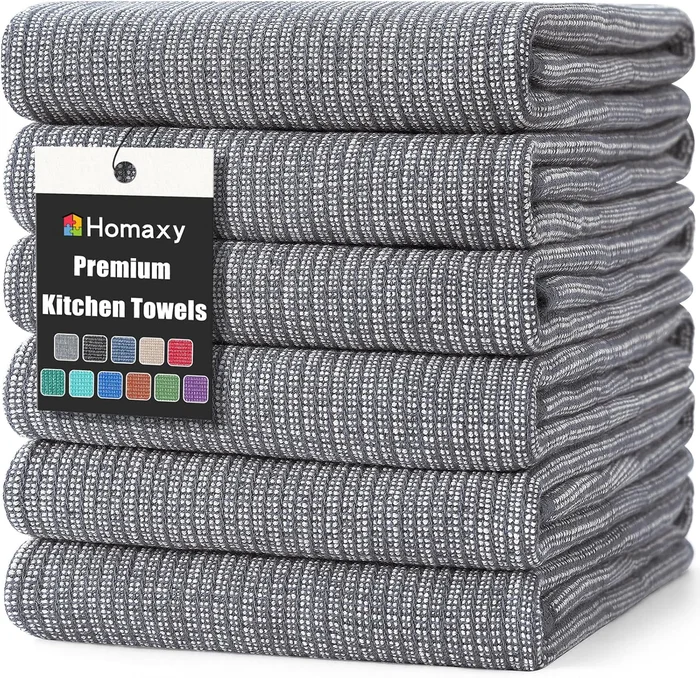 Homaxy 380 GSM Cotton Premium Kitchen Towels 6 Pack 18x28 Inches Grey 