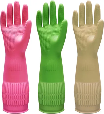 Bamllum 3 Pairs Long Cuff 15-Inch Rubber Dishwashing Gloves for Kitche