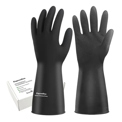 Heavy-Duty Thick Black Rubber Cleaning Gloves 3 Pairs XL for Tough Hou