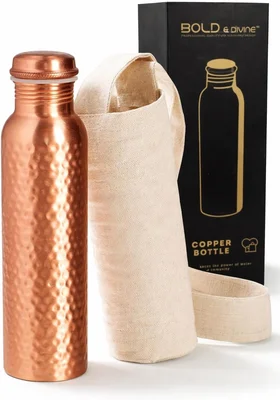 Bold & Divine Premium 32oz Pure Copper Hammered Water Bottle for Drink