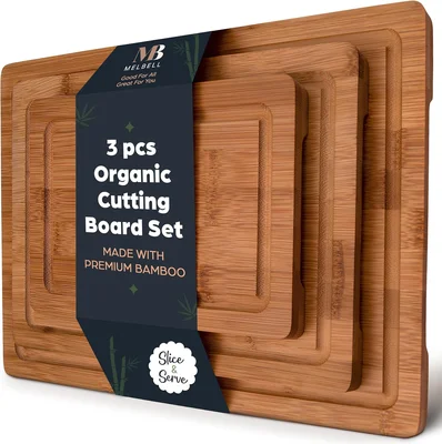 MelBell Bamboo Cutting Board Set of 3 for Kitchen with Juice Groove