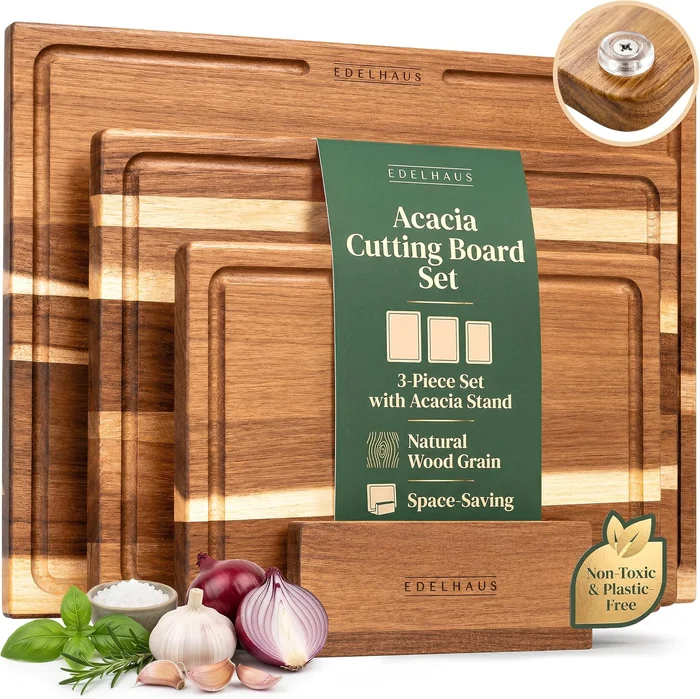 EDELHAUS Acacia Wood Cutting Boards for Kitchen Set of 3 with Juice Groove