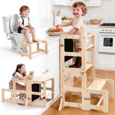 4-in-1 Foldable Toddler Kitchen Step Stool with Blackboard for Bathroo