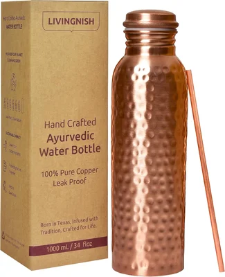 100% Pure Copper Water Bottle for Drinking Hammered 34 OZ