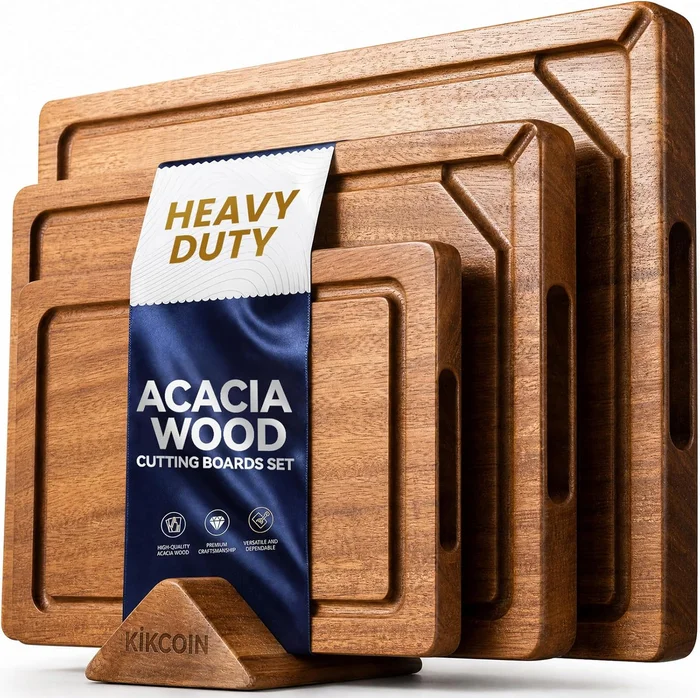 Kikcoin Acacia Wood Cutting Board Set of 3 with Deep Juice Grooves