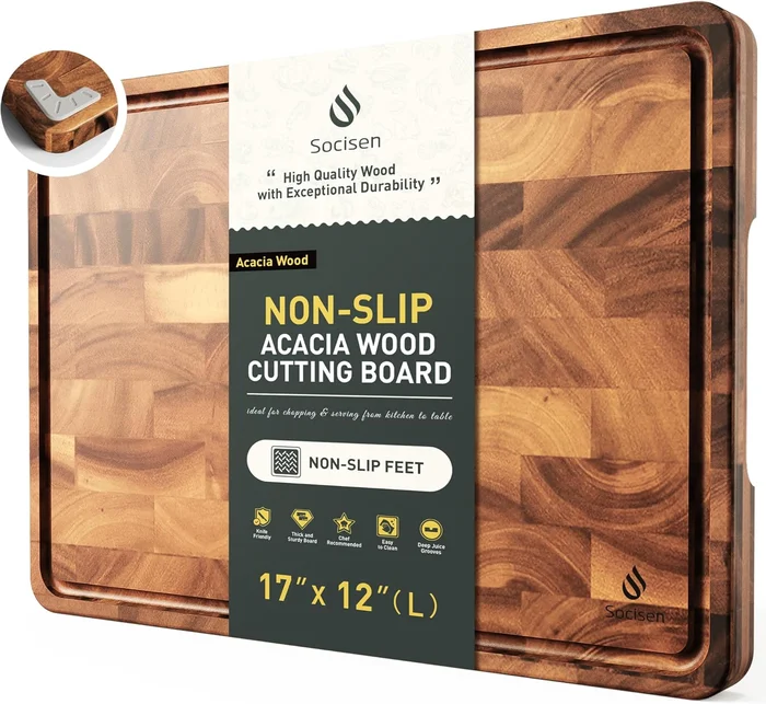 End Grain Cutting Board for Kitchen with Non-slip Feet, Acacia Wood, H