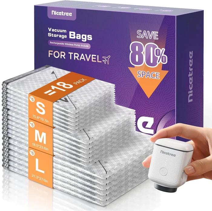 Nicetree 18-Pack Vacuum Bags for Travel with Rechargeable Pump, 3 Size