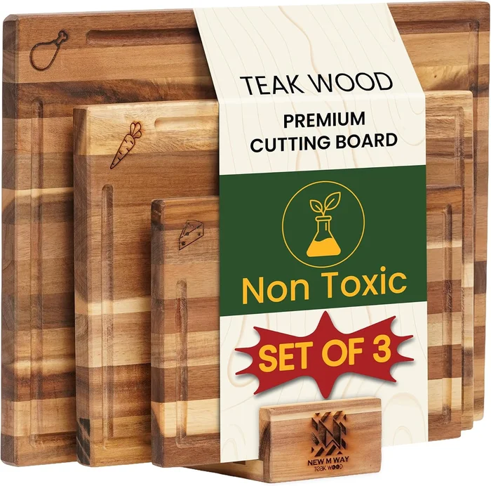 New M Way Teak Wood Cutting Board Set of 3 with Stand