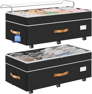 Budding Joy 80L 2 Pack Adjustable Under Bed Storage with Wheels for Cl