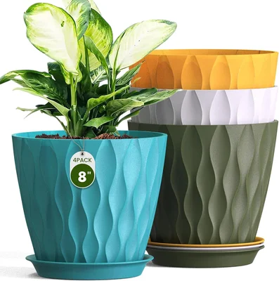 8 Inch Plant Pots 4 Pack Plastic Planters with Drainage Holes and Sauc