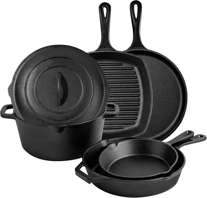 6 Piece Pre-Seasoned Cast Iron Cookware Set with Dutch Oven Skillets G
