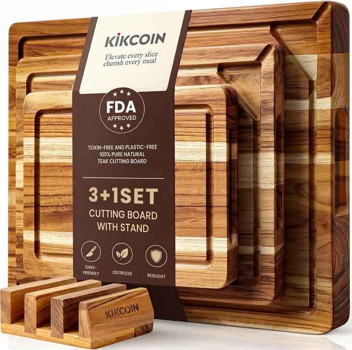 Kikcoin Teak Wood Cutting Board for Kitchen with Storage Stand, Pre-Oi